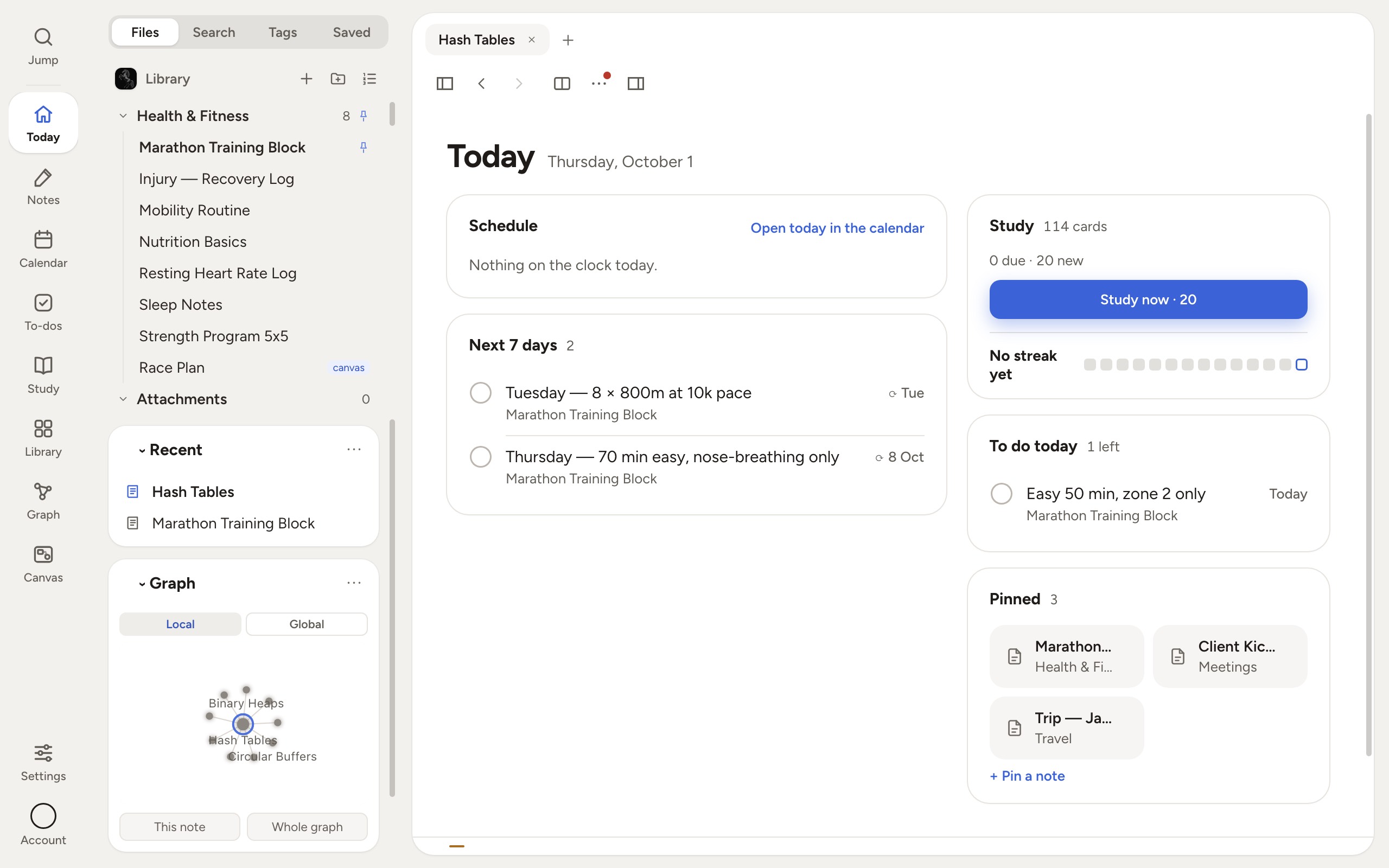 The Today page: a schedule, the next seven days, cards due, today's to-dos and pinned notes